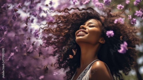 A woman with curly hair is smiling and surrounded by purple flowers