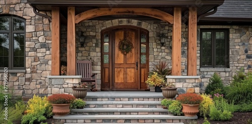 Stone house with front porch and beautiful wooden door, Generative AI  © Clicks Flicks