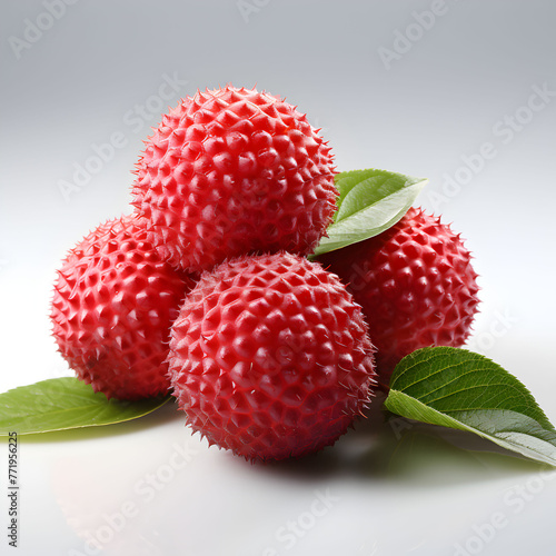 Four lychees have leaves on top. The fruit is round and red. Generative AI