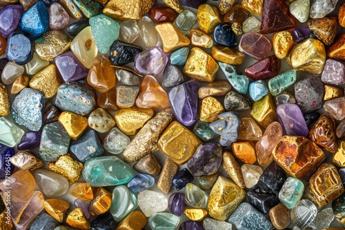 Background of small colors stones. shiny gold and glass.