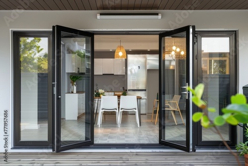 Through an aluminum folding door, one may access the terrace. Generative Ai