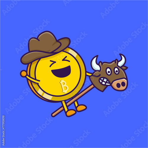 cartoon vector of bitcoin character cowboy riding stick bull toy illustrates being in a bullish state or bull market
