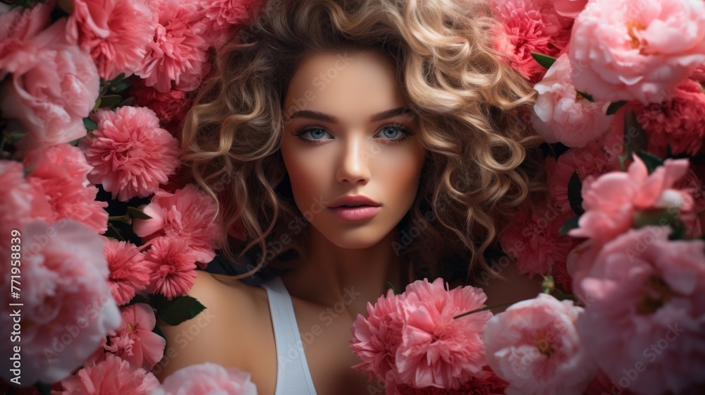 A woman is surrounded by pink flowers and is the main focus of the image