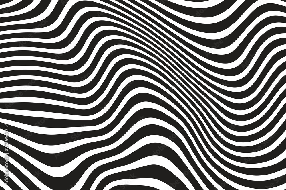 Simple wavy background. Vector illustration of striped pattern with optical illusion, op art. Long horizontal banner