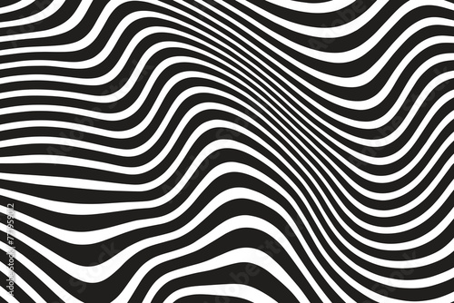 Simple wavy background. Vector illustration of striped pattern with optical illusion, op art. Long horizontal banner © Rizal