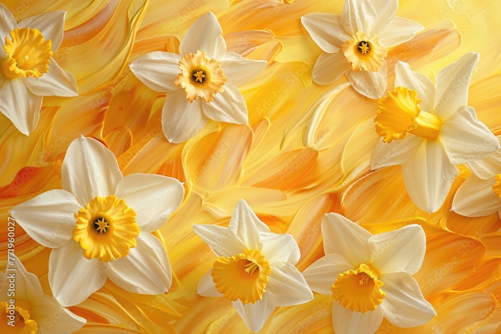 Whirling abstract daffodil motifs, reminiscent of golden trumpets, adorn a backdrop of sunlit yellow, infusing the scene with the joyous spirit of culinary celebration.