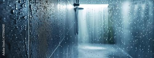 Shower room in bathroom with textured glass background and water droplets, Generative AI  photo