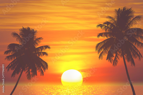 tropical palm tree and sea sunset summer background