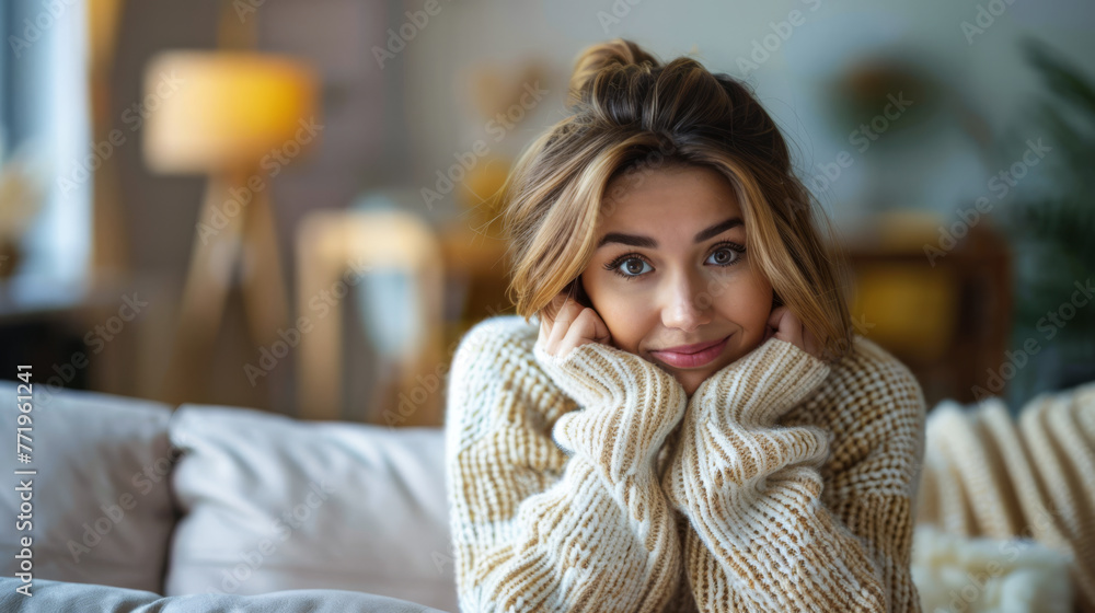 Portrait of a young beautiful woman at home wearing a cozy knitwear Portrait of a young beautiful woman at home wearing a cozy knitwear