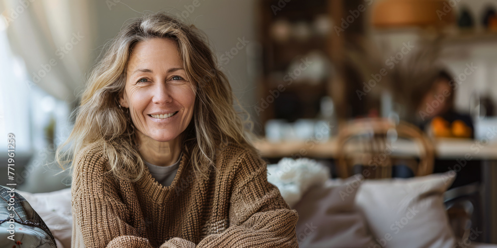 Portrait of a young beautiful woman at home wearing a cozy knitwear Portrait of a young beautiful woman at home wearing a cozy knitwear