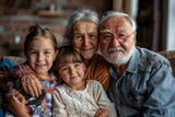 Group portrait of happy grandparents together with children. Kids at grandparents' house. Grandmother and grandfather become legal guardians and custodians for grandchildren. Family love,Generative AI