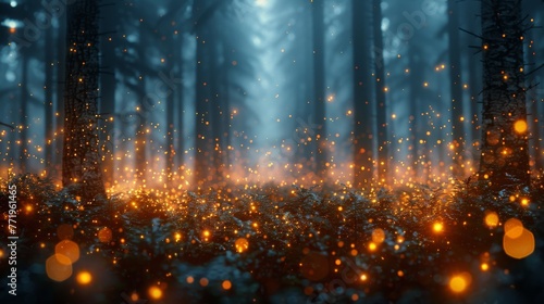 Bokeh lights shining through a dense misty forest.