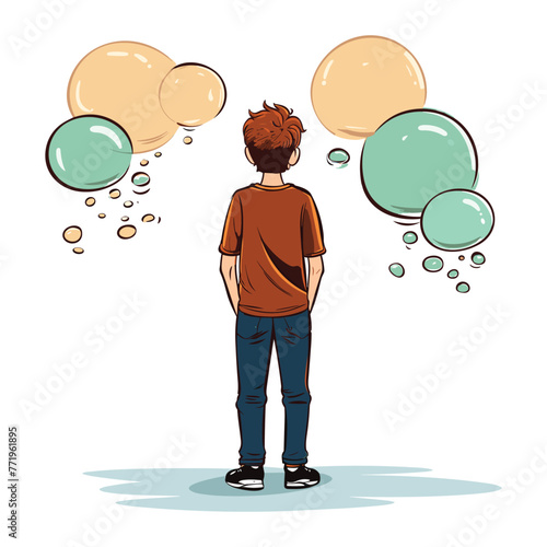 Young person from the backside is thinking cartoon vector