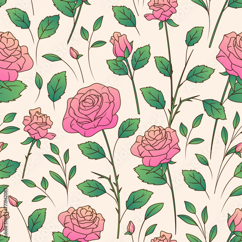 Floral vector seamless pattern with illustration of rose flowers and leaves. Background for fabric design, textile, wrapping paper. Flower shop concept.