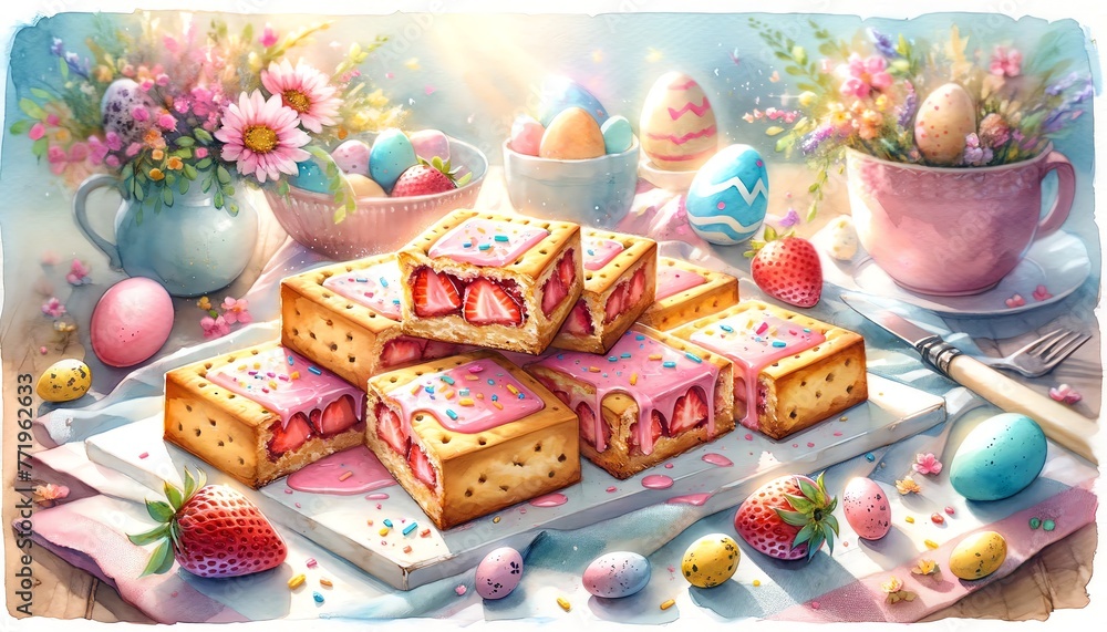 Watercolor Painting of Strawberry Pop-Tart Blondies, in Easter Day Theme