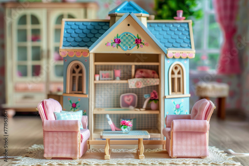 Dollhouse with miniature furniture. Generative AI © barmaleeva