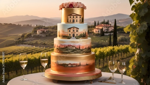 A stunning birthday cake, towering high with tiers embellished in hand-painted details and shimmering metallic accents, bathed in the golden glow of sunset against the silhouette of a picturesque Ital photo