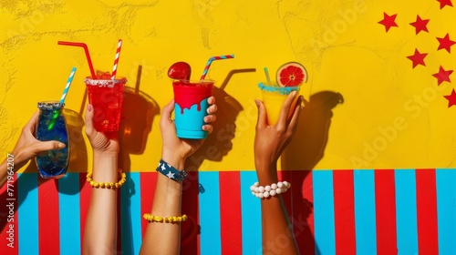 Pop art-inspired tableau with hands holding summer drinks, a patriotic nod in vivid yellow