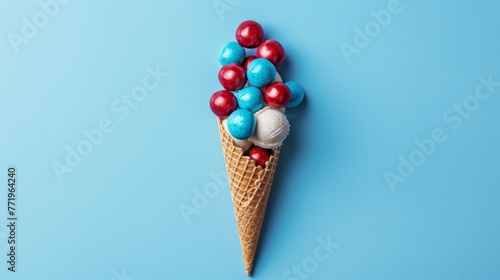 Patriotic summer treat with colorful candies in a waffle cone on blue backdrop. Ideal for US Independence Day festive concept