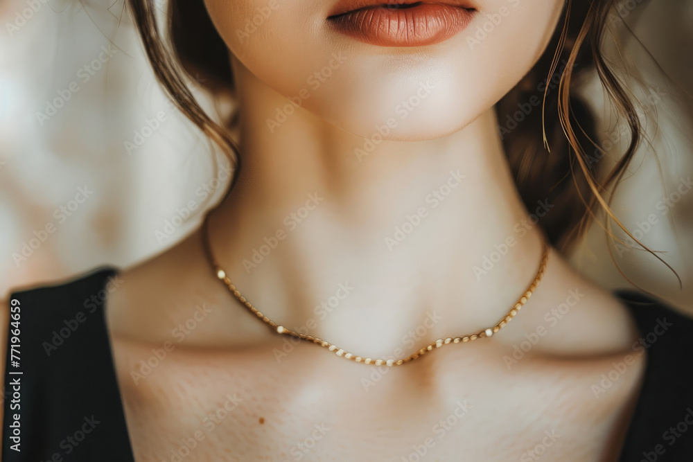 Elegant golden jewelry adorning a woman's neck. Generative AI