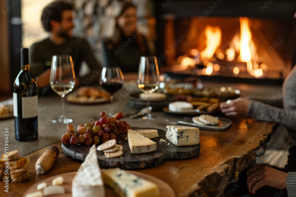 People eating cheese and drinking wine in front of a fireplace in a cottage. Generative AI