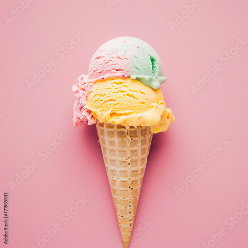 Overhead shot of ice cream with two scoope in waffle cone on pink background. Top view, copy space. High quality beautiful photo sweet concept