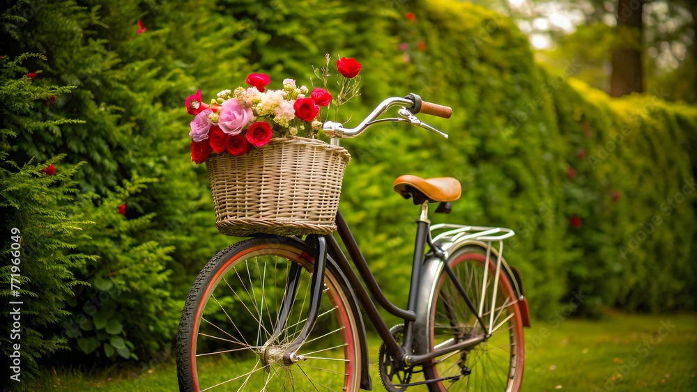 A Bike With a Flower-Filled Basket in a Lush Green Backdrop, a Valentine Concept