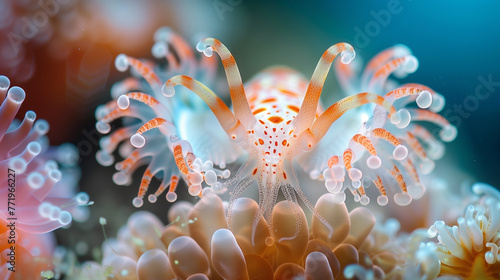 Underwater life, closeup of translucent marine anemone. 