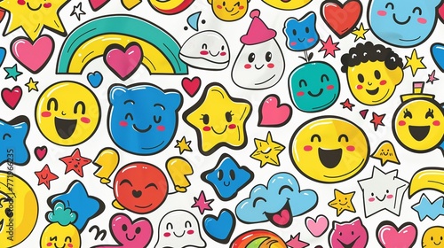 Happy Emoticons Design featuring a variety of happy and playful emoticons such as smiley faces, hearts, There are pattern joints.