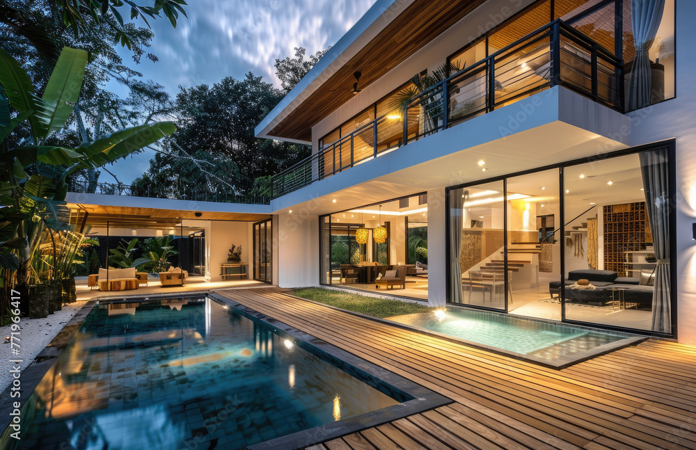 Modern and luxurious two-story villa with wooden floors and a swimming pool in the courtyard of Bali at night