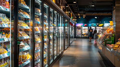 Frozen food isle inside a large supermarket.