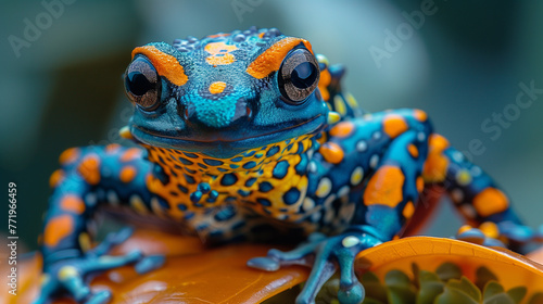 Blue and orange spotted frog in the jungle.