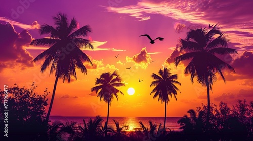 Sunset Silhouettes Craft a featuring silhouettes of palm trees and birds against a backdrop of purple and yellow hues, capturing the warmth and tranquility of a tropical sunset ,clean sharp © BURIN93