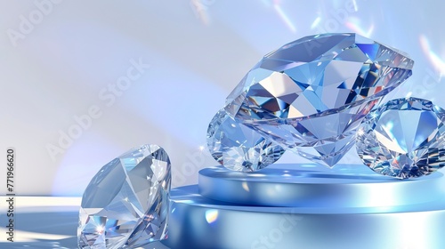 Crystal podium diamond 3d background display glass jewelry product render blue platform