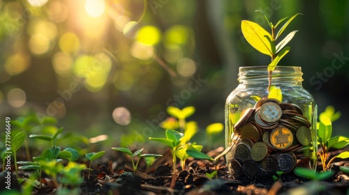A jar filled with money, symbolizing savings and financial growth, with a young plant growing inside, representing the concept of nurturing finances