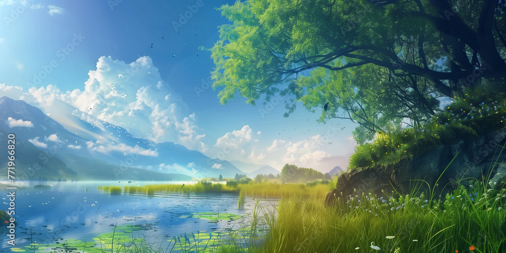  A beautiful lake with green grass and trees, blue sky, and beautiful scenery. Distant mountains are in the background, with sunlight shining on it and soft light