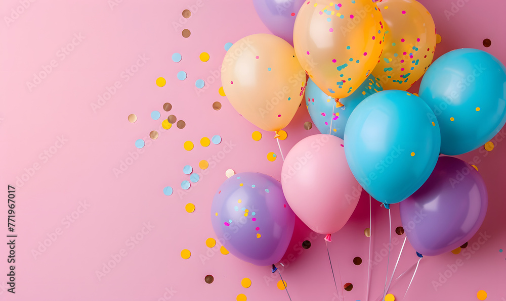 Bunch of bright balloons on pink background, space for text, Generative AI Bunch of bright balloons on pink background, space for text, Generative AI