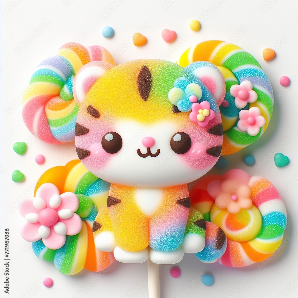 a cute tiger with flowers made of pastel color rainbow gummy candy on a white background