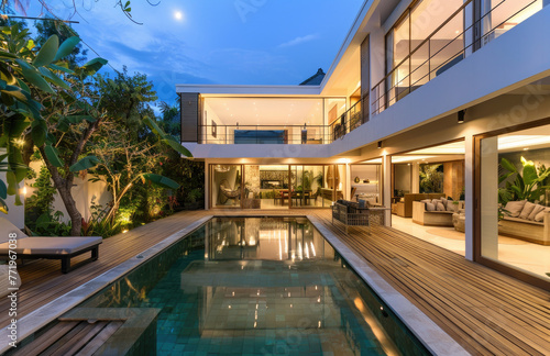 Modern and luxurious two-story villa with wooden floors and a swimming pool in the courtyard of Bali at night © Kien