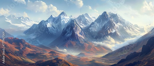 Mountains showcasing majestic peaks, rugged terrain, and possibly snowcapped summits against a backdrop of clear skies or misty clouds