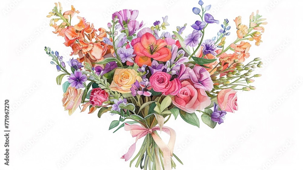 Floral Bouquet Design showcasing a vibrant bouquet of watercolor flowers tied with a ribbon Add a variety of blooms in different colors and sizes for a lush and bountiful arrangement ,high detailed