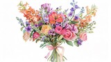 Floral Bouquet Design showcasing a vibrant bouquet of watercolor flowers tied with a ribbon Add a variety of blooms in different colors and sizes for a lush and bountiful arrangement ,high detailed