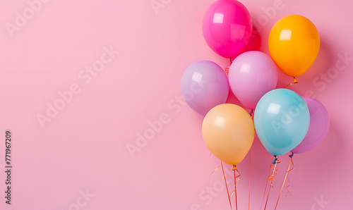 Bunch of bright balloons on pink background, space for text, Generative AI © simba kim