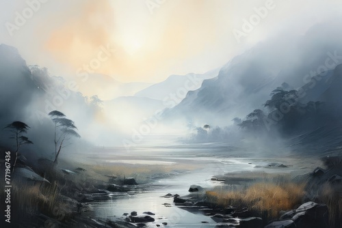 a layered lines  misty atmosphere  soft color fields  watercolorist