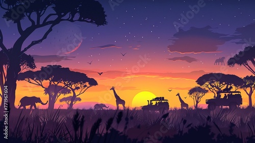 Safari Sunset Adventure Craft a inspired by an African safari sunset, with acacia trees silhouetted against the sky and roaming wildlife such as elephants © BURIN93