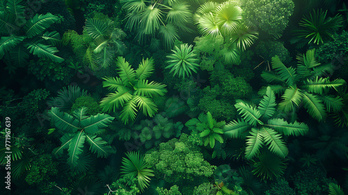 View of jungle tree tops from above. Green and lush forest. 