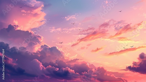 Pastel Sky Palette Design a inspired by pastelcolored sunsets, with soft shades of pink, purple, and orange blending together in the sky Add fluffy clouds and flying birds for a dreamy atmosphere photo