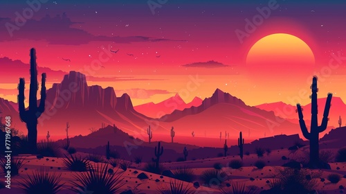 Desert Sunset Mirage Create a inspired by a desert sunset, with shifting sands and distant mountains silhouetted against the sky Add cacti, tumbleweeds, and desert wildlife for an arid landscape 