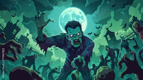 Zombies and Monsters Design a featuring zombies with tattered clothes and outstretched arms, accompanied by classic monsters such as Franken steins monster and Dracula Add moonlit 