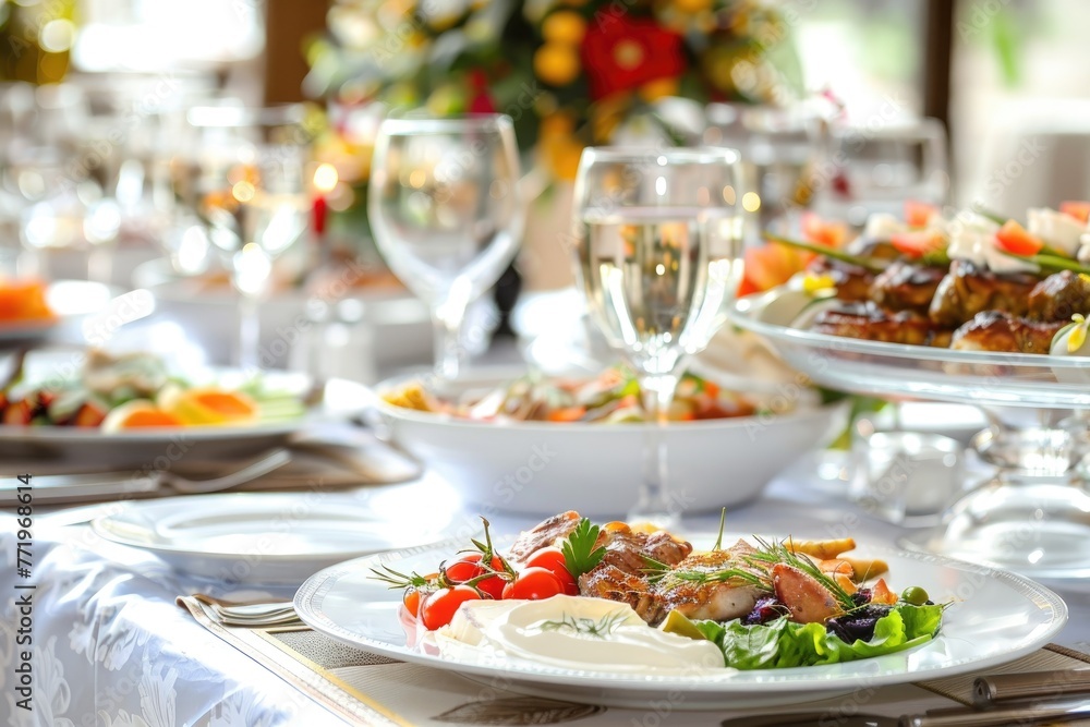 A delicious gourmet meal served on a beautifully set table. A delicious gourmet meal served on a beautifully set table.